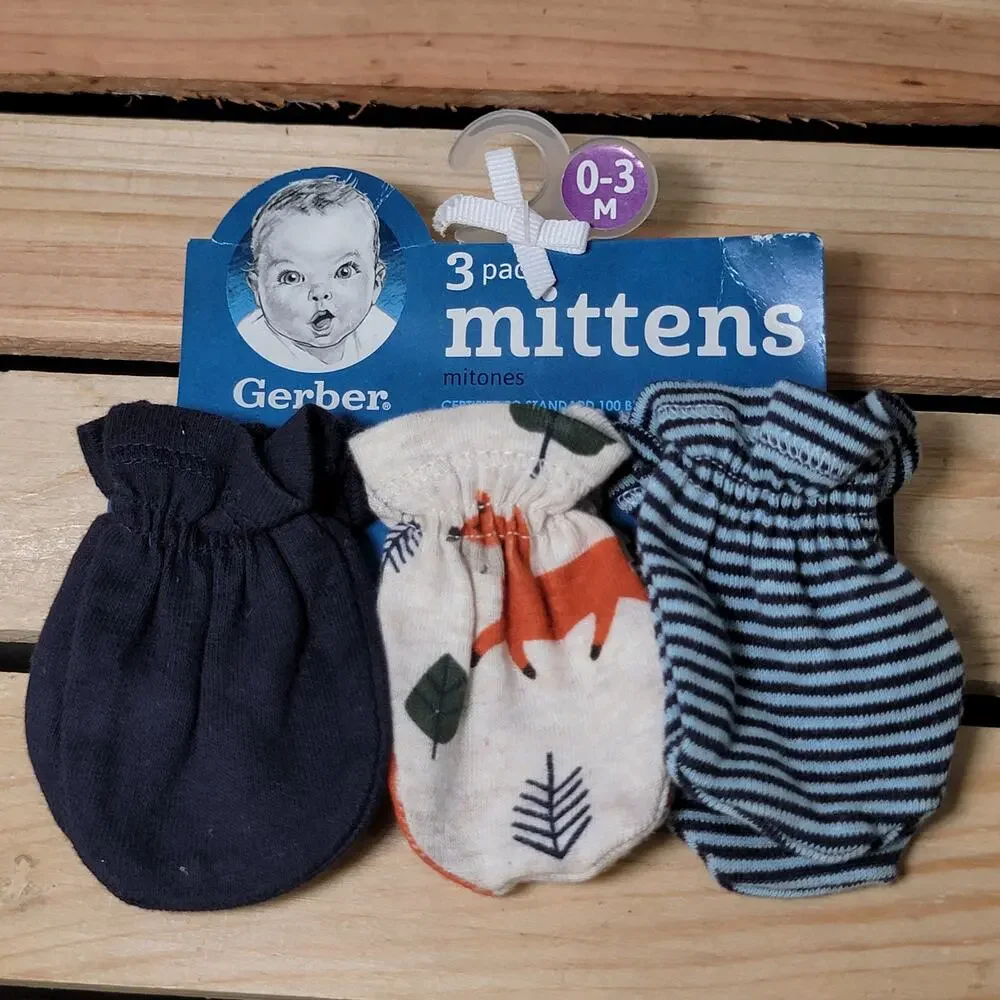 3 Pk Gerber Infant Mittens: Blue, Fox & Stripes - Size 0-3m NWT
